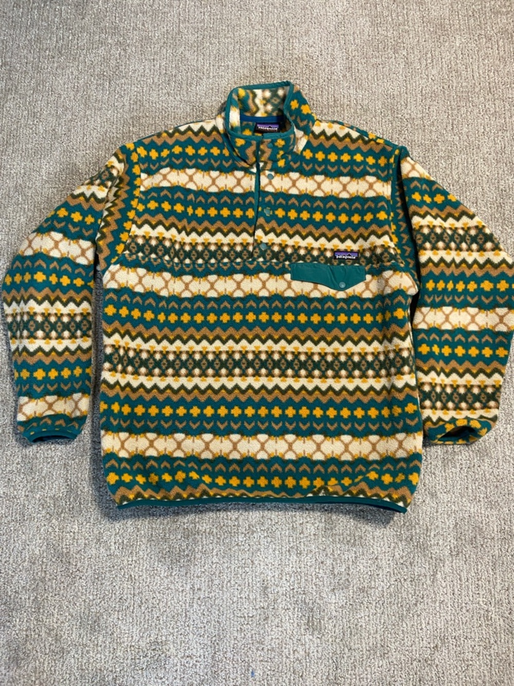 Patagonia  Men’s Zip Fleece Sweater - Teal, Yellow & Cream Pattern